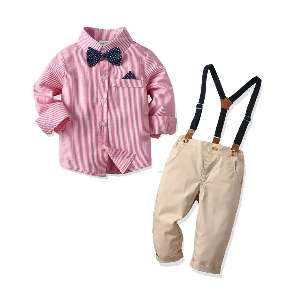 2021Autumn Gentleman Baby Boys Clothes Clothing Sets Stripe Long Sleeve Biw tie Shirt Suspenders Pants Formal Boys Clothing Set