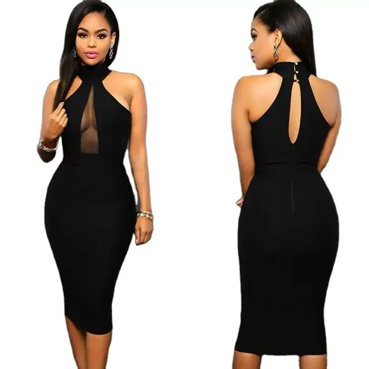 YP New Casual Black Transparent Ladies Pencil Dress Halterneck Back Zip Evening Dresses