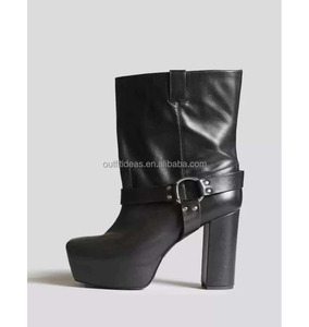 スクエアトゥユニセックス女性用プラットフォームブロックヒールミッドカーフグレインレザーブーツブラック高級13ブラックシドヒールハーネスアンクルブーツ - Product Image 1