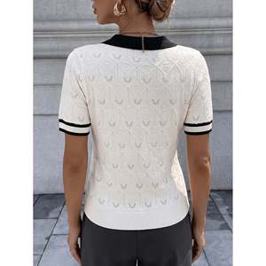 Suéter Polo Calado con Bloques de Color para Mujer, Manga Corta, Cuello Blanco y Negro, Top de Punto, Moda Casual - Product Image 4