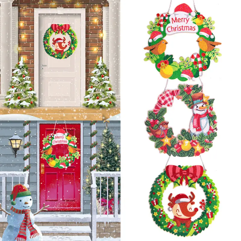 Creative Christmas Diamond Painting Kit Diy Wooden Garland Pendant Mosaic Diamond Art Door and Window Wreath Hang Decorations