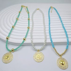 Collier Bohème Coloré à Perles avec Pendentif Rond en Zircon Doré et Motifs Vierge <span class=keywords><strong>Marie</strong></span>, Cœur et Étoile pour Cadeau Religieux Quotidien - Product Image 5