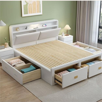 Cadre de lit moderne de style nordique en bois massif, taille Queen/King, élégant, avec tiroirs hauts et rangement à pression d'air, rembourré, pour chambre à coucher