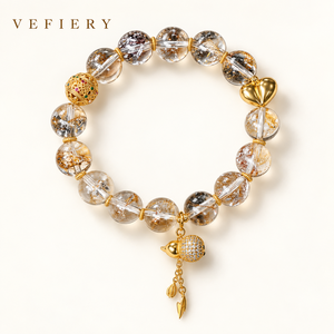 Pulsera de Cuarzo Transparente con Cuentas, Inclusiones de Lámina de Oro y Colgante de Pez - Product Image 1