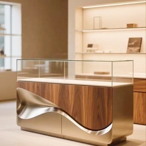Vitrine rectangulaire pour bijoux, placage noyer, finition acier inoxydable, kiosque <span class=keywords><strong>de</strong></span> vente au <span class=keywords><strong>d</strong></span>étail sur mesure pour bijouterie, éclairage LED - Product Image 1