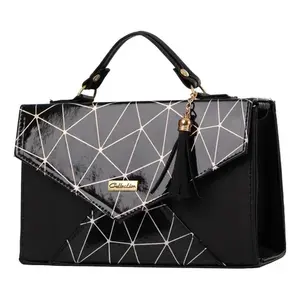 Bolso Bandolera para Mujer Fana, Asa Única, Negro, Patrón Geométrico, PU Impermeable, Decorado con Cadena - Product Image 1