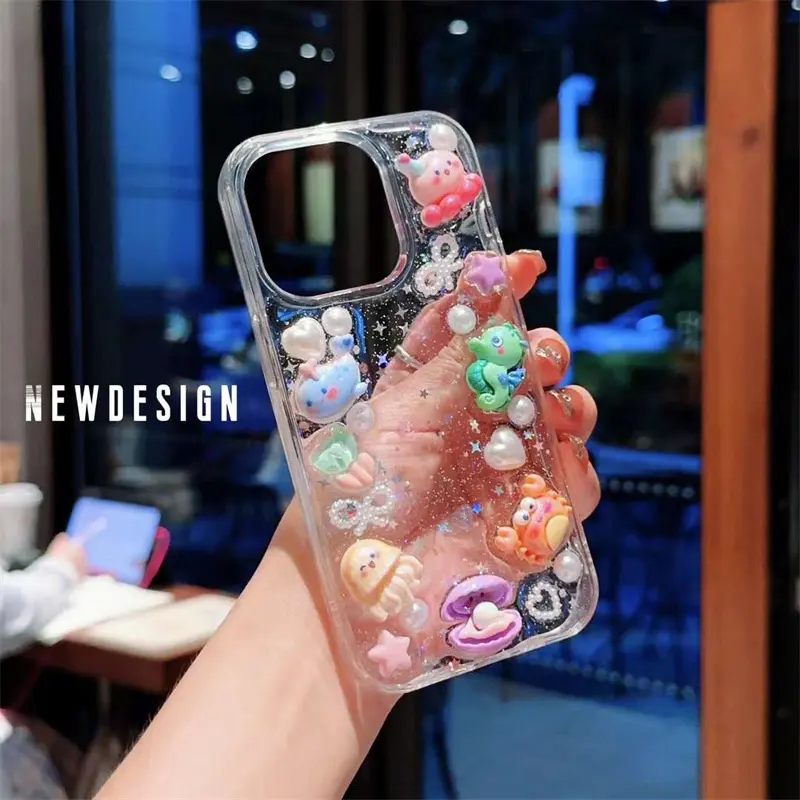 Cartoon transparent drop glue stereoscopic sea life phone case for iPhone15promax 14pro 13 12 fall protection case 11 cute