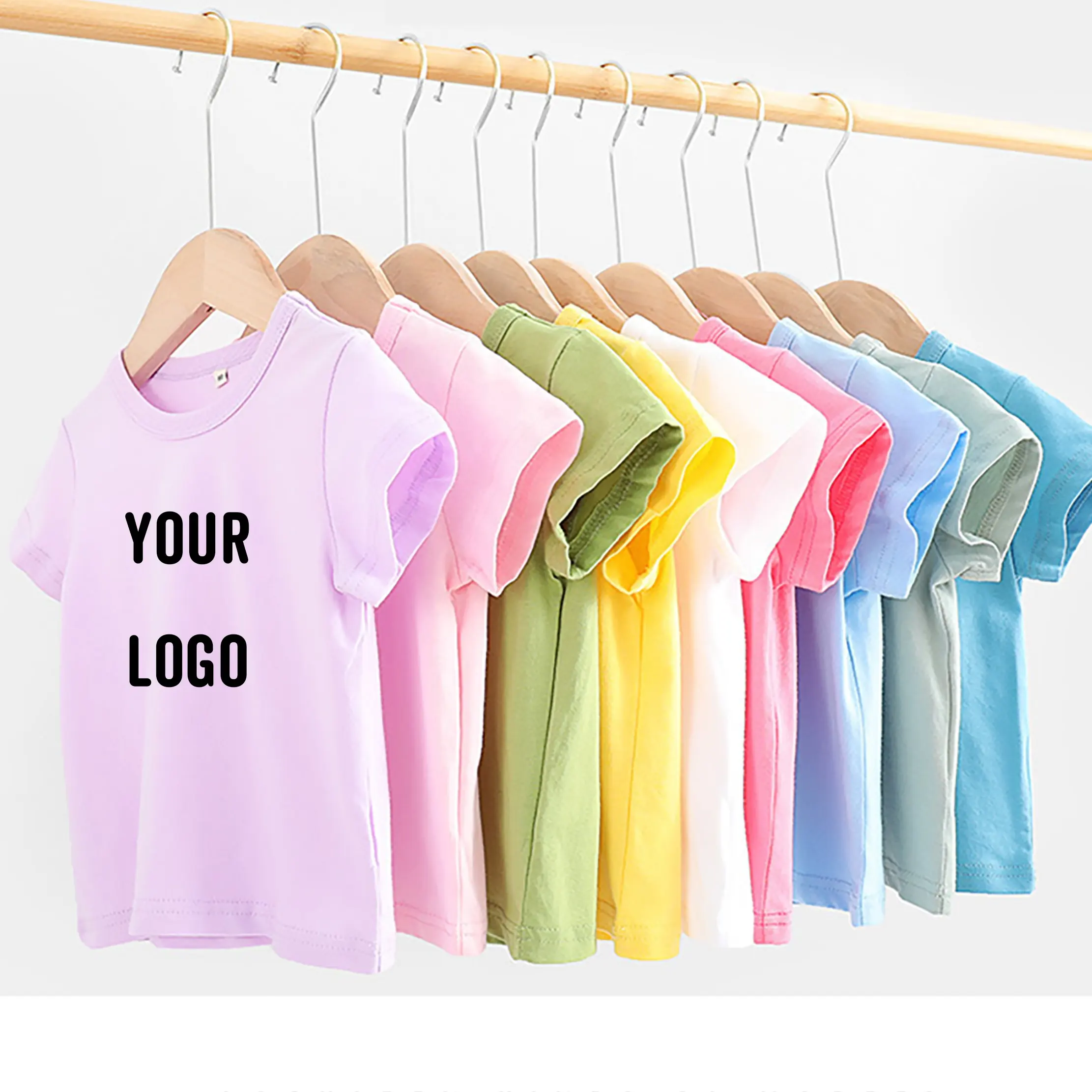 Kaus anak-anak polos katun 100% dengan label kustom dtg sablon Logo grafis kaus anak laki-laki dan perempuan