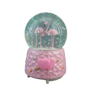 Pink Flamingo Snow Globe With LED Lights OEM Design Water Globe Resin Snow Ball With Music For Girl Gifts