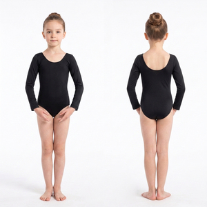 Justaucorps de ballet noir à manches longues et dos en U pour enfants, en nylon et élasthanne très extensibles, combinaison de danse de base pour filles avec doublure intérieure - Product Image 3