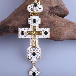 Cruz Pectoral rusa, esmalte blanco de marfil chapado en oro con piedras de cristal de aleación, Iglesia Griega y coreana - Product Image 4