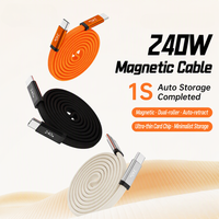 Câble USB-C magnétique auto-enroulant 240W à double vitesse, plat tressé, charge rapide PD pour téléphones mobiles iOS et Android, ordinateurs portables