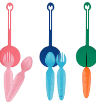 Ensemble de couverts pour enfants mignons, 2 pièces, cuillères et fourchettes en plastique de qualité alimentaire avec motif de dessin animé, réutilisables et avec étui de rangement pour les repas