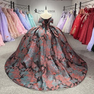 Robe de bal en brocart métallique Dy1537, magnifique robe de Quinceañera en jacquard plissé gris anthracite, rose doré et vert sarcelle, Jancember - Product Image 2