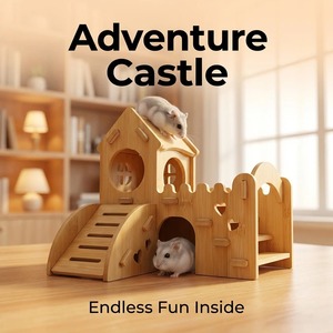 Casa de Bambú para Hámster con Escalera Doble, Tobogán y Escondite para Mascotas Pequeñas, Castillo de Madera Transpirable - Product Image 4