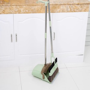 Dustpan And Broom Set Large Nylon Bristle Steel Handle For Home Floor Cleaning Beige Green - Product Image 1