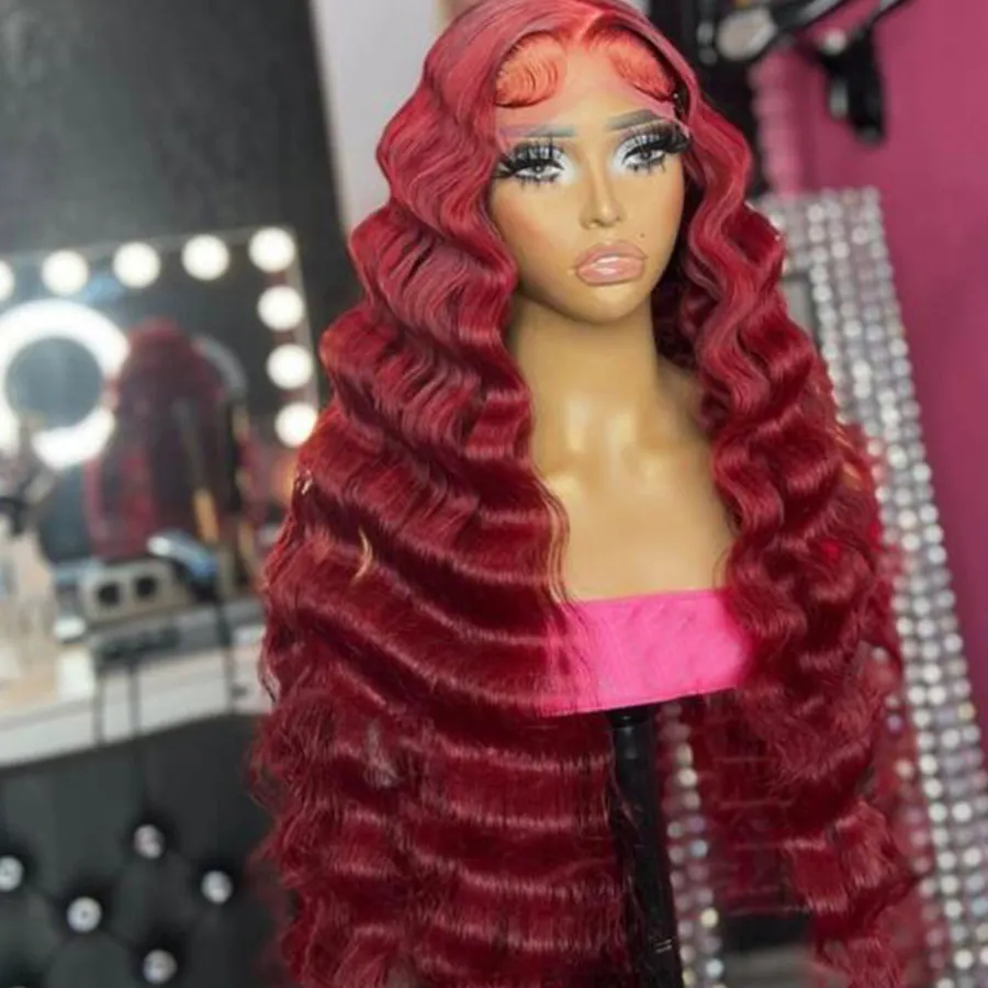 Red Deep Wave Virgin Brazilian Human Hair Lace Frontal Wigs Cuticle Aligned HD Transparent Lace Front Wig With Baby Hair