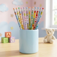Ensemble de papeterie scolaire pas cher pour enfants, imprimé de lettres de dessins animés mignons, 12 crayons en bois HB avec gomme