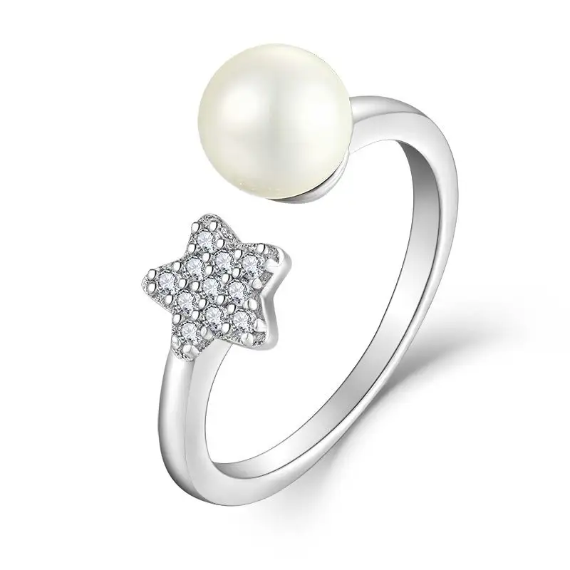 Korean Fashion Simple Jewelry Pearl Opening Ring Girl Diamond Star Gold Rings