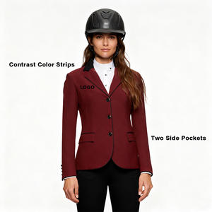 Veste d'équitation rouge pour concours, vêtements d'équitation avec bandes contrastées, manches longues, poches latérales, veste d'équitation de compétition - Product Image 1