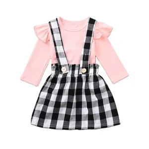 幼児の女の赤ちゃんラティスストラップスカート長袖Tシャツシャーリング衣装セットVestidoroupa infantil roupas infantis