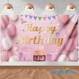 Vente en gros de bannière joyeux anniversaire rose et or pour filles décor de toile de fond 18e, 21e et 30e anniversaire signe affiche tissu