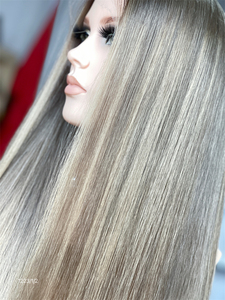 Peluca de pelo virgen brasileña y europea de lujo 2024 hecha a mano media recta rubia precortada con pelo de bebé en encaje transparente - Product Image 3