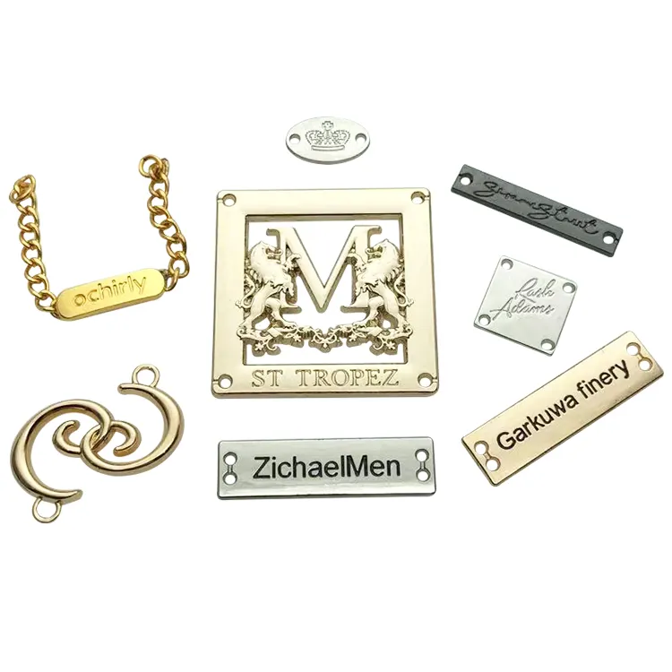 Benutzer definierte LOGO Näh löcher Gold Messing Gravierte Metall Marke Logo Name Kleidung Taschen Etiketten Tags
