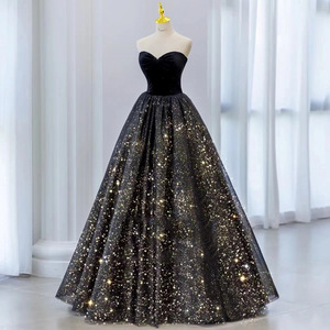 Off-Shoulder Sequined Evening Gown Black Ball Gown Women's Banquet Performance Dress Natural Waistline - Product Image 2