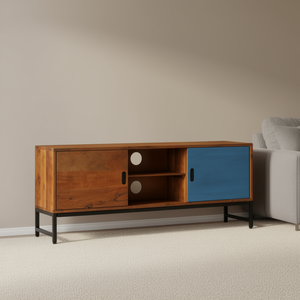 Mobile TV con Finitura Effetto Miele e Anta Blu per Soggiorno, Arredamento Moderno in Legno Massello con Vano Portaoggetti - Product Image 2