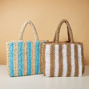 Summer Striped Straw Paper Bag Style Manufacturers Handmade Straw Woven Women's Handbags