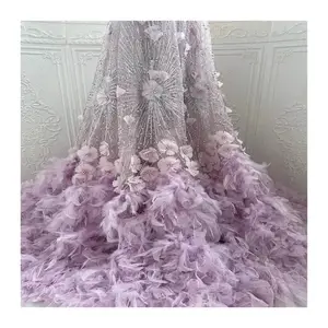 Abito da sposa con fondo in piuma 3d flowra enice tail paillettes lac ricamo paillettes perline pizzo tulle perla tessuto netto trasparente