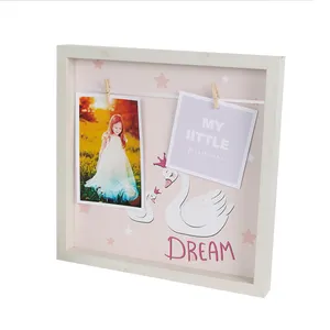 Wall Hanging Wooden Photo Display Frame With Clip Photo Holder and Swan Decor No Glass Collage Picture Frame