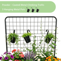 Jardinière surélevée mobile en métal avec treillis, 3 pots suspendus et étagères de rangement à double niveau pour jardinage extérieur
