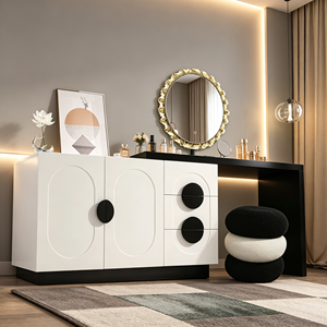 Ensemble de coiffeuse moderne avec miroir rond, armoire blanche et tabouret noir, table de maquillage pour chambre à coucher - Product Image 6