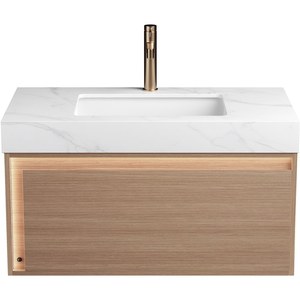 Meuble-lavabo <span class=keywords><strong>NYAH</strong></span> 36'' pour salle de bain, armoire de rangement flottante ultra-mince en contreplaqué avec grille, tiroir avec éclairage à capteur, blanc Carrara - Product Image 3