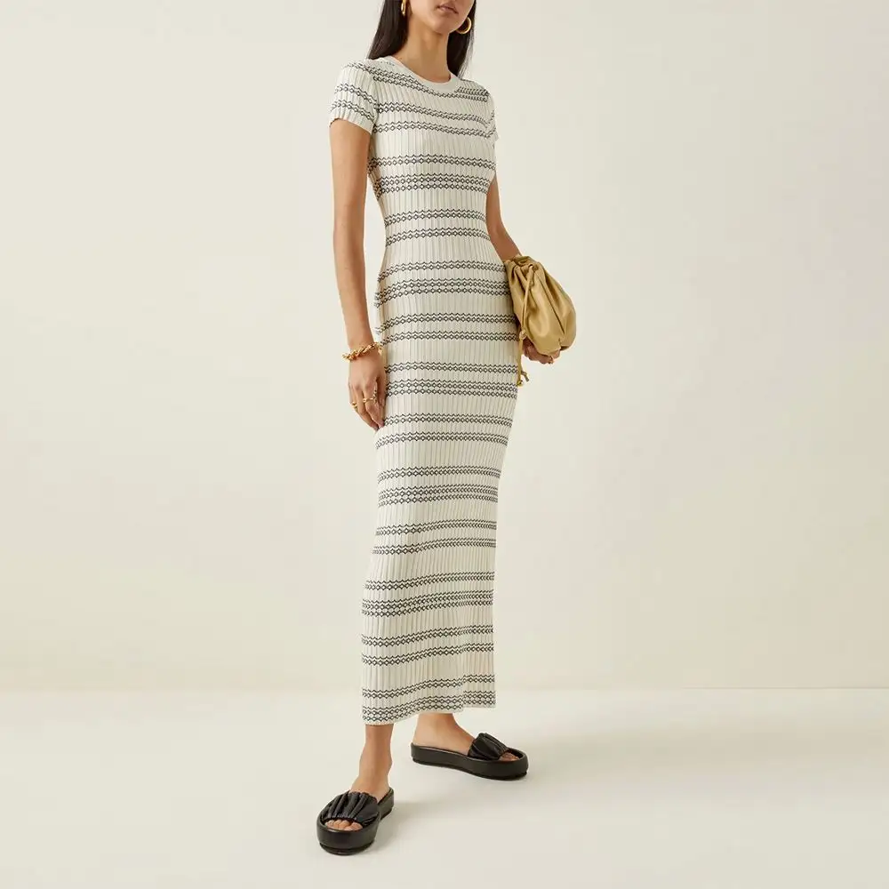 OUTENG Striped Ribbed-Knit Maxi Dress Custom Fashion Lady Elegant Summer Girls Casual Womens Dresses Knitting Dresses
