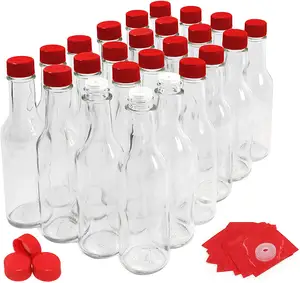Bouteille en verre de silex clair de 5oz en gros pour la bouteille en verre de piment woozy de jus de sauce avec le chapeau rouge et les bandes de rétrécissement