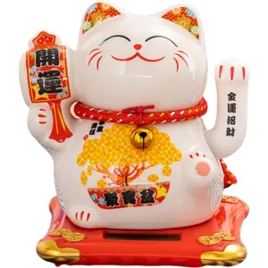 Nouvel an chinois agitant le chat porte-bonheur céramique blanche de style japonais secouant la main Maneki-neko chat fortune solaire de 6 pouces
