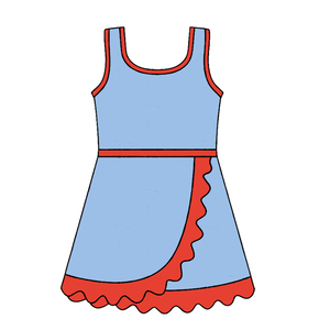 Vestido azul liso con ribete rojo para niña pequeña, estilo boutique, venta al por mayor, sin mangas, atlético, con volantes, para bebé, modelo GSD4142 - Product Image 1
