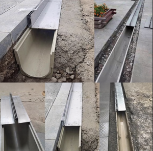Canalina di drenaggio lineare moderna in acciaio inossidabile con copertura curva a fessura nascosta, griglia per acque piovane da esterno - Product Image 3