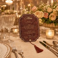 Menu de mariage de luxe vintage en velours marron, texte personnalisé en feuille d'or, pompon décoratif, menu de table découpé pour réception