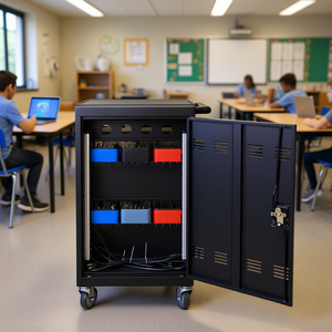 Chariot de charge pour tablettes et ordinateurs portables noir, panier en plastique, séparateurs de gestion des câbles, équipement éducatif pour utilisation en classe - Product Image 2