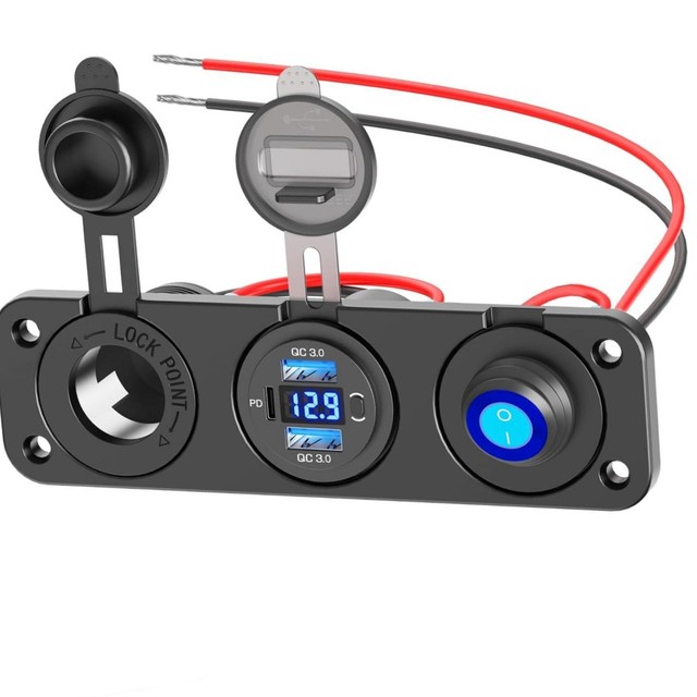 12V Car USB Charger Socket Splitter Panel with LED Voltmeter and Toggle Switch PD USB C QC3.0 12-24V Voltage