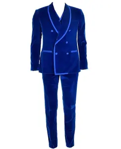 Real azul terciopelo doble Breasted chal solapa esmoquin de novio para hombres boda baile cena mejor hombre Blazer (chaqueta + pantalones + chaleco)