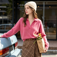 Pull-over en Cachemire 100% pour Femme, Col Revers Décontracté, Logo Frontal, Tricot Ample, Collection Hiver, Vente en Gros