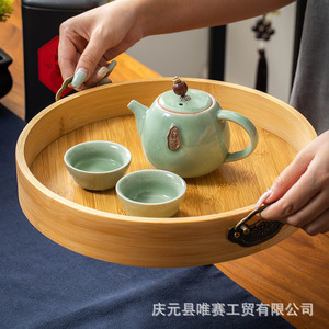 Bamboo Serving <b>Tray</b> Round <b>Tea</b> <b>Tray</b> With Handle Multiple Sizes For <b>Tea</b> Party Hotel Use - Product Image 5