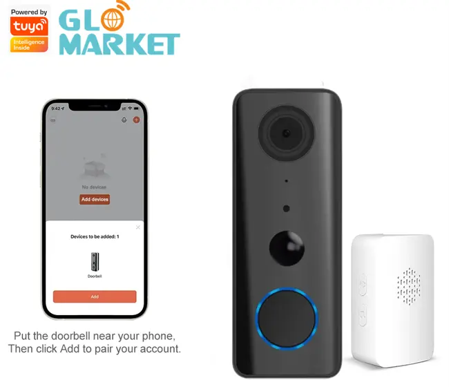 Glomarket Tuay Smart Doorbel Wifi Hd 1080P Ip65 Waterdichte Pir Ingebouwde Batterij Tweeweg Audio Deurbel