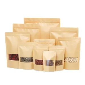 Biodegradable Zipper Brown Kraft Paper Bags Custom Brown Kraft Paper Pouch Stand Up Pouch with Clear Window