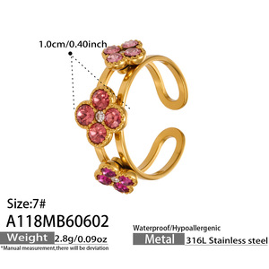 Waterproof Adjustable Floral Zircon <b>Open</b> <b>Ring</b> High Polished Stainless Steel 18K Gold Plated <b>Ring</b> For Women - Product Image 6